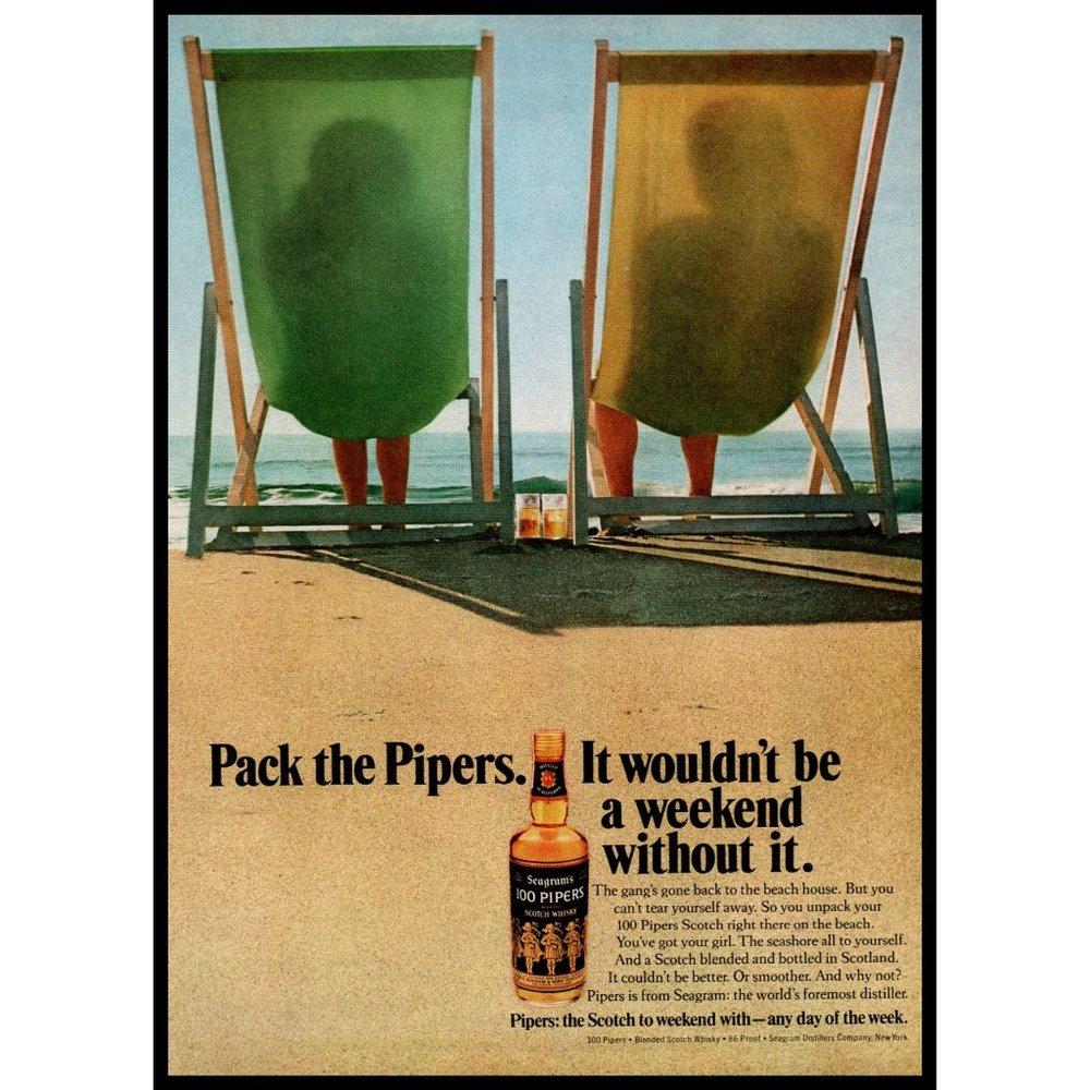 1974 100 Pipers Scotch Whiskey Vintage Print Ad Beach Chairs Sand Ocean Wall Art